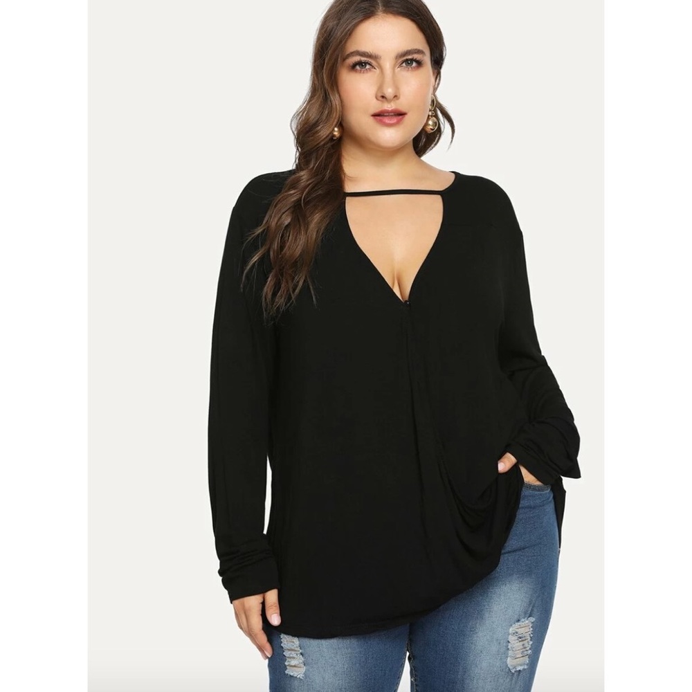Shein Womens Plus Surplice Wrap Tee Top Black Size 1X